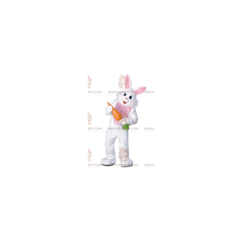 BIGGYMONKEY™ Mascot Costume of Cheerful White Rabbit Carrying a