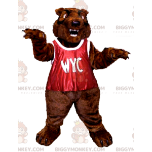 BIGGYMONKEY™ Mascot Costume of Roaring Brown Bear with Red Bib