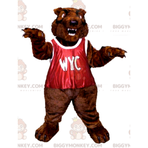 BIGGYMONKEY™ maskotdräkt av rytande brunbjörn med röd haklapp -