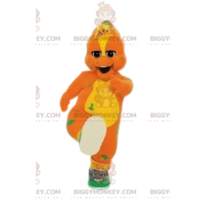 Traje de mascote BIGGYMONKEY™ de pato laranja e amarelo e seu