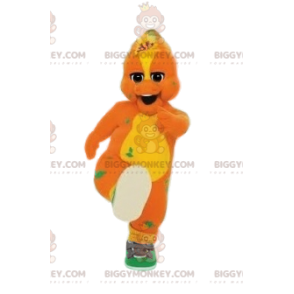 Traje de mascote BIGGYMONKEY™ de pato laranja e amarelo e seu