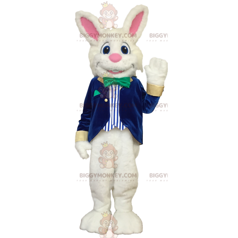BIGGYMONKEY™ Maskotdräkt Glad vit kanin i blå och vit kostym -