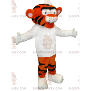 Kostým oranžovo-černého tygra BIGGYMONKEY™ maskota s bílou
