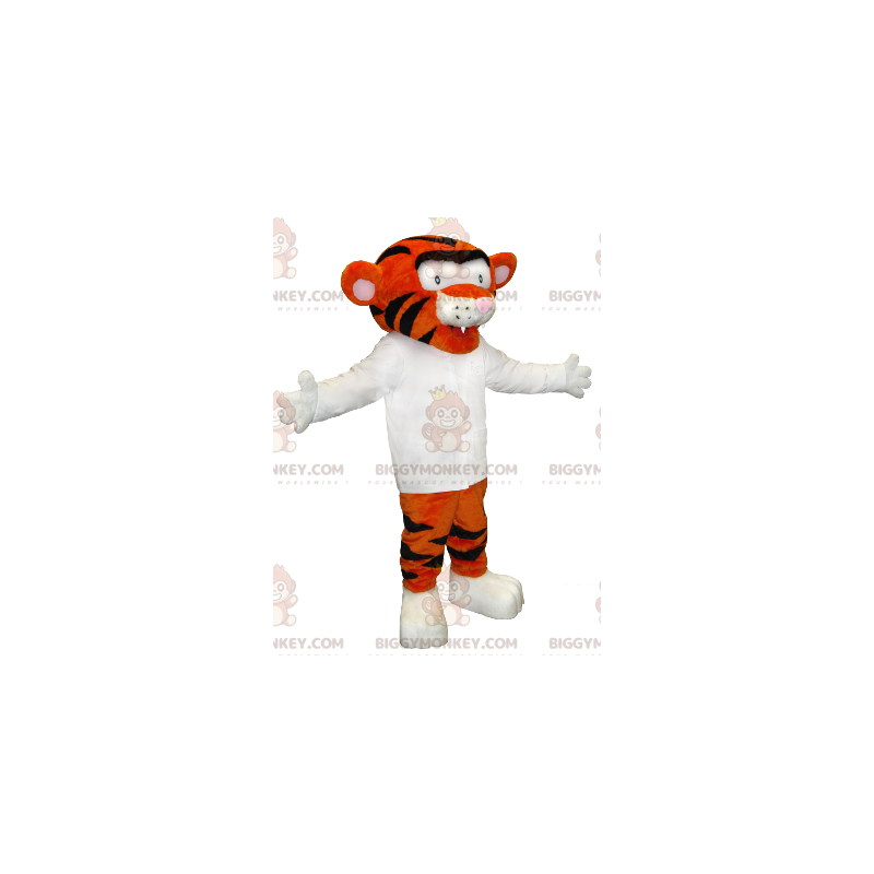 Orange och svart tiger BIGGYMONKEY™ maskotdräkt med vit skjorta