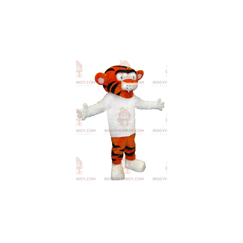 Traje de mascote BIGGYMONKEY™ de tigre laranja e preto com