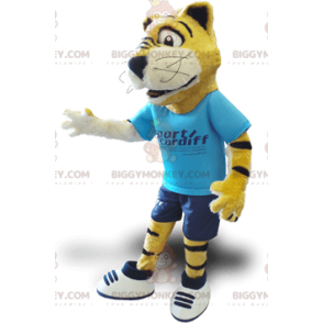 Traje de mascote BIGGYMONKEY™ Tigre amarelo preto e branco com