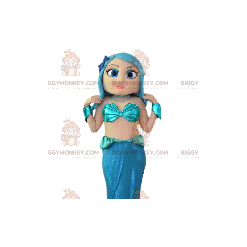 BIGGYMONKEY™ mascot costume of pretty mermaid with her blue