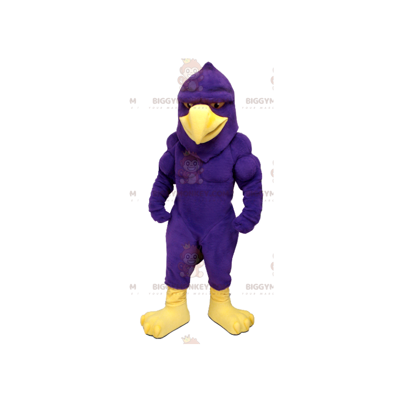 Very Muscular Purple and Yellow Bird Eagle BIGGYMONKEY™ Mascot