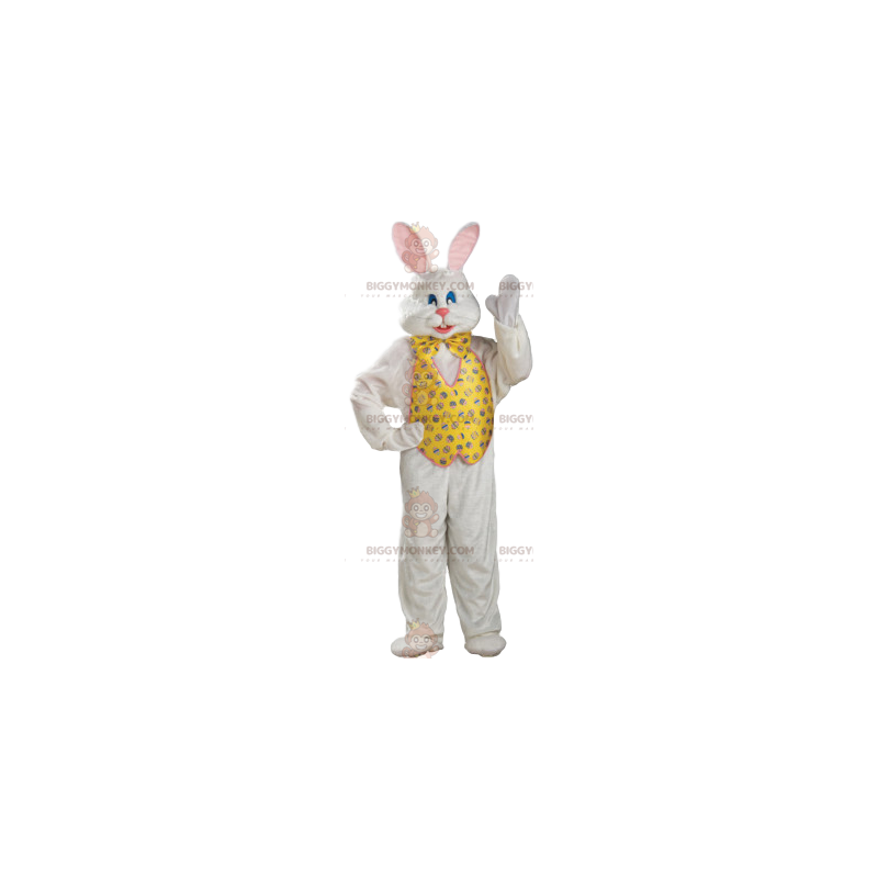BIGGYMONKEY™ Hvidt kaninmaskotkostume med jakke og gul sløjfe -