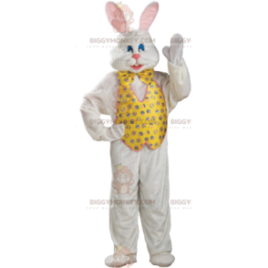 BIGGYMONKEY™ Hvidt kaninmaskotkostume med jakke og gul sløjfe -