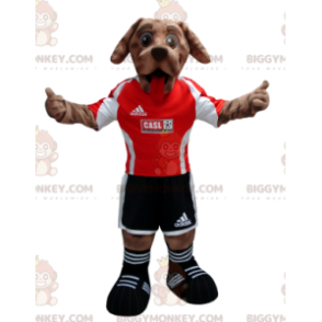 BIGGYMONKEY™ maskotkostume Brun hund i sort og rød fodboldtøj -