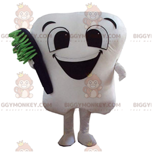 Söt vit tand BIGGYMONKEY™ maskotdräkt med svart tandborste -