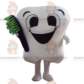 Söt vit tand BIGGYMONKEY™ maskotdräkt med svart tandborste -