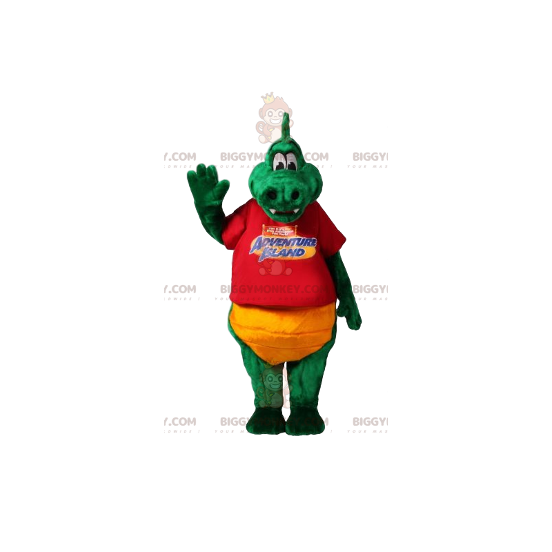 Grön dinosaurie BIGGYMONKEY™ maskotdräkt med röd t-shirt och