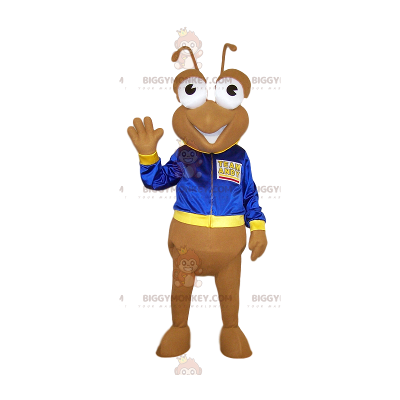 BIGGYMONKEY™ fantasia de mascote formiga bege com jaqueta azul