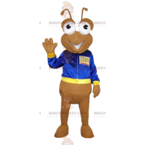 BIGGYMONKEY™ fantasia de mascote formiga bege com jaqueta azul