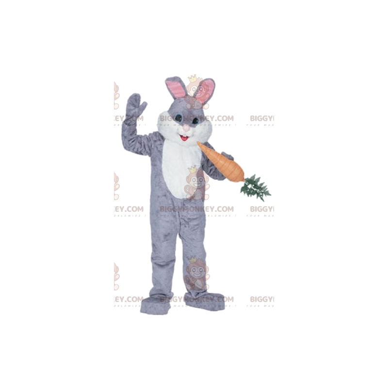 BIGGYMONKEY™ Maskotdräkt Grå och vit kanin med en gourmetmorot