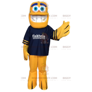 Gelber Fisch BIGGYMONKEY™ Maskottchen-Kostüm mit marineblauem