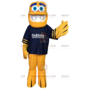 Gul fisk BIGGYMONKEY™ maskotdräkt med marinblå T-shirt -
