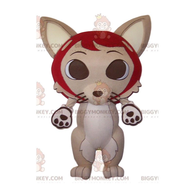 BIGGYMONKEY™ mascot costume of beige fox and his big red hat -