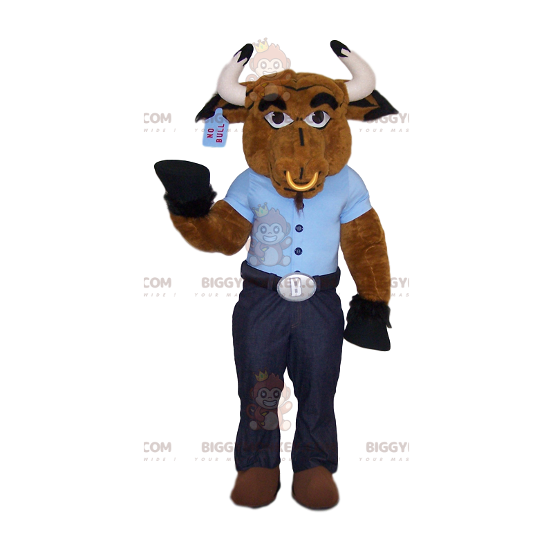 Brown ox BIGGYMONKEY™ mascot costume with blue t-shirt and ring