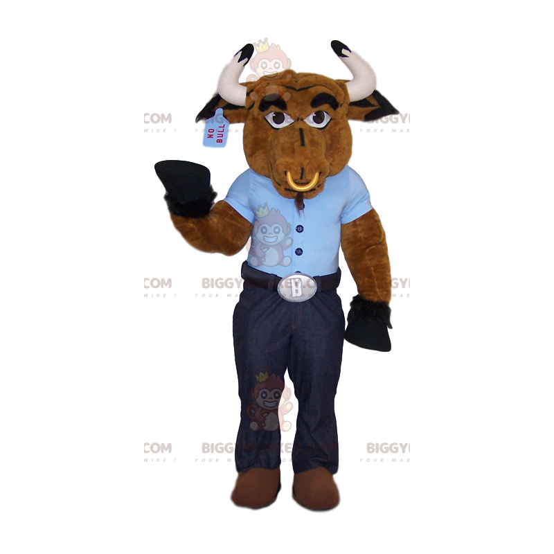 Disfraz de mascota buey marrón BIGGYMONKEY™ con camiseta azul y