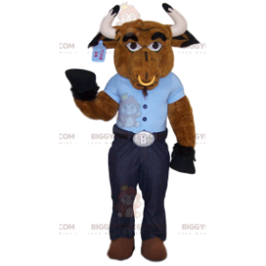 Brown ox BIGGYMONKEY™ mascot costume with blue t-shirt and ring