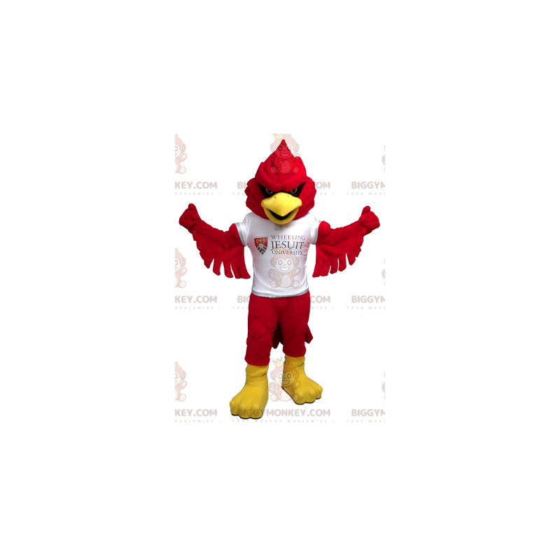 Röd och gul fågel BIGGYMONKEY™ maskotdräkt med vit T-shirt -