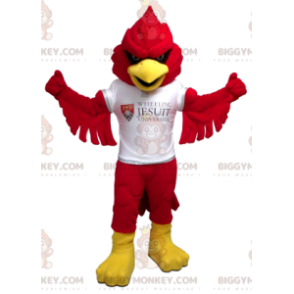 Röd och gul fågel BIGGYMONKEY™ maskotdräkt med vit T-shirt -