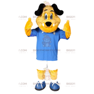 BIGGYMONKEY™ mascottekostuum gele hond met blauw-witte