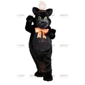 Green-eyed black cat macsotte with its orange bow –