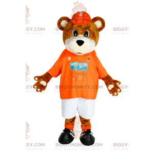 BIGGYMONKEY™ maskottiasu Ruskea karhunpentu oranssilla