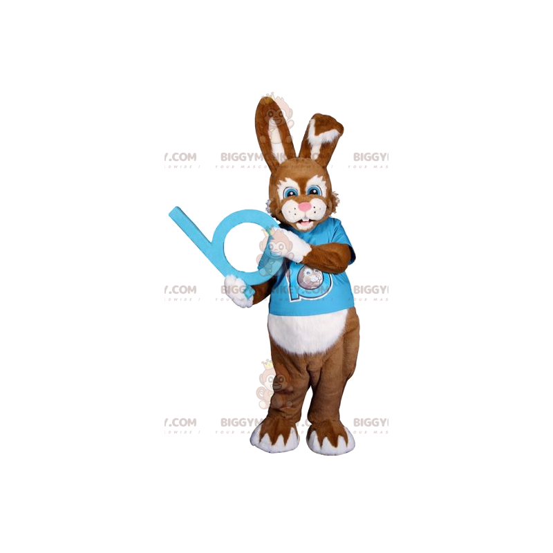 Brown Bunny BIGGYMONKEY™ Mascot Costume with Blue Supporter