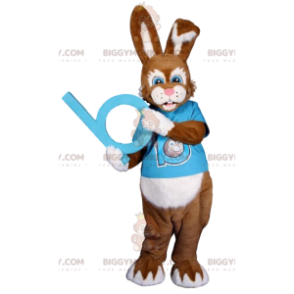 Brown Bunny BIGGYMONKEY™ Mascot Costume with Blue Supporter