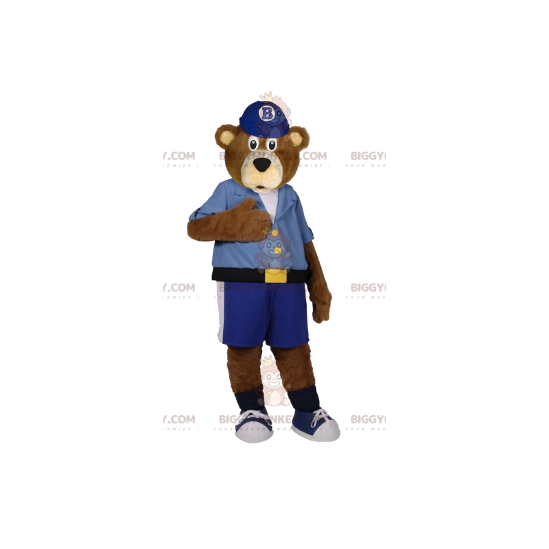 BIGGYMONKEY™ Mascot Costume of Brown Bear in Blue Shorts and