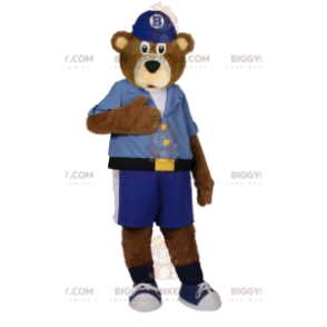 BIGGYMONKEY™ maskotdräkt av brun björn i blå shorts och skjorta