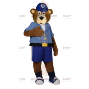 Traje de mascote BIGGYMONKEY™ de urso pardo em shorts e camisa