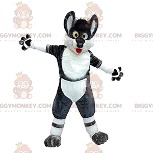 Traje de mascote de lobo preto e branco louco e divertido