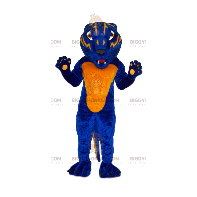 Traje de mascote BIGGYMONKEY™ de leopardo azul e amarelo feroz