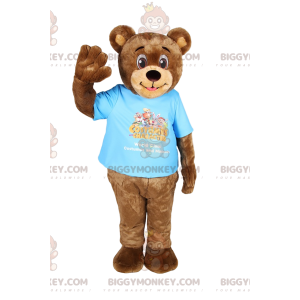 BIGGYMONKEY™ maskotdräkt Rolig brun björnunge med blå t-shirt -