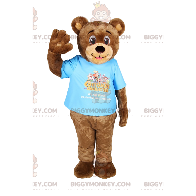 BIGGYMONKEY™ Mascot Costume Funny Brown Bear Cub With Blue