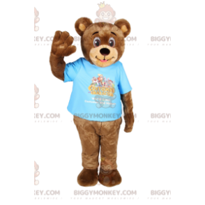 BIGGYMONKEY™ Mascot Costume Funny Brown Bear Cub With Blue