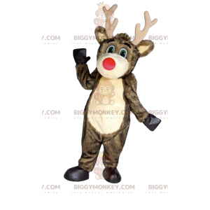 BIGGYMONKEY™ Costume da mascotte renna marrone dal naso rosso