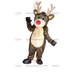 BIGGYMONKEY™ Costume da mascotte renna marrone dal naso rosso