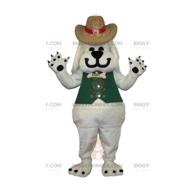 BIGGYMONKEY™ Costume da mascotte cane bianco stile cowboy -