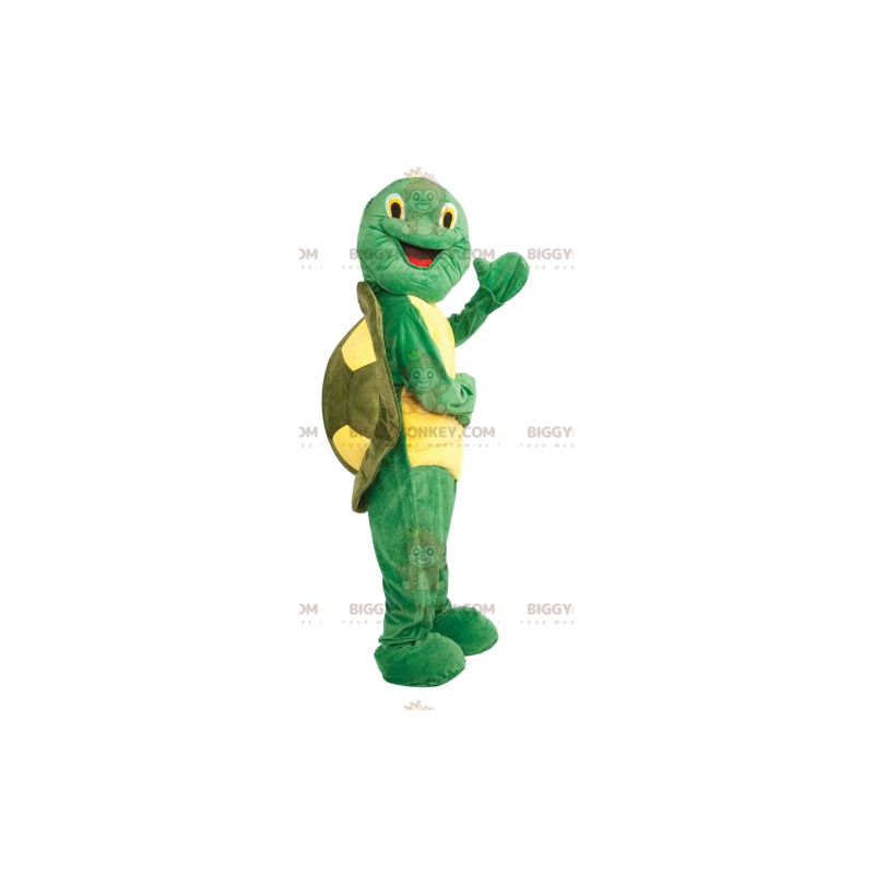 Traje de mascote de tartaruga amarela e verde super alegre