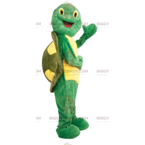 Traje de mascote de tartaruga amarela e verde super alegre