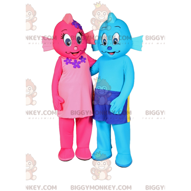Zwei BIGGYMONKEY™s rosa und blaues Fischmensch-Maskottchen -