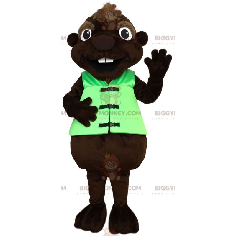 Traje de mascote de castor BIGGYMONKEY™ com colete verde –