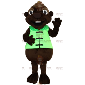 Traje de mascote de castor BIGGYMONKEY™ com colete verde –